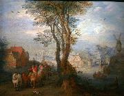 Jan Brueghel Peasants on a wagon near a river going through a village oil painting artist